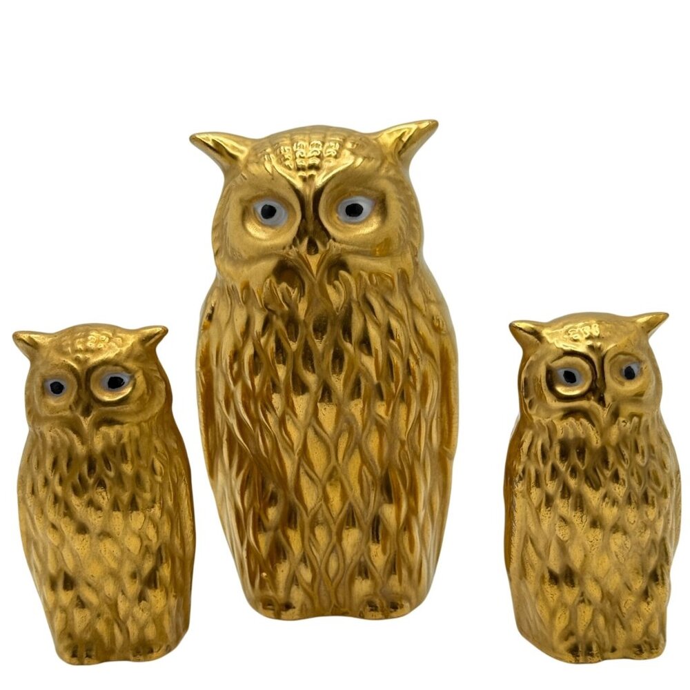Gold Ceramic Owl Figurines With Textured Design Set Of 3 Vintage